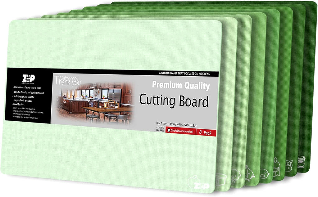 ZVP Plastic Cutting Boards for Kitchen, Flexible Cutting Mats, Gradient Green Chopping Boards with Food Icon, Non-Slip, Non Porous, BPA Free, Dishwasher Safe