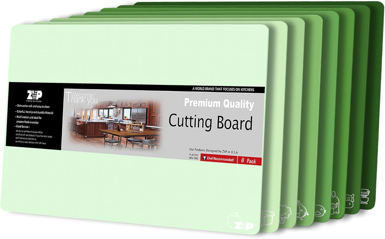 ZVP Plastic Cutting Boards for Kitchen, Flexible Cutting Mats, Gradient Green Chopping Boards with Food Icon, Non-Slip, Non Porous, BPA Free, Dishwasher Safe