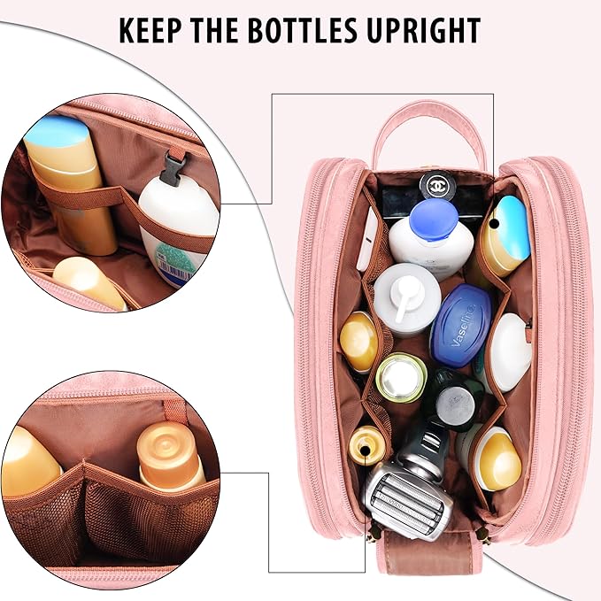 Travel Toiletry Bag for Women, Large Hanging Toiletries Organizer Bags for Men, Cruise Ship Essentials, Water-resistant Shaving Case, PU Leather Makeup Accessories, Cosmetic Dopp Kit, Pink