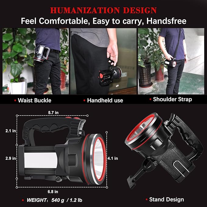 BIGSUN Spotlight Flashlight, 12800 mAh Rechargeable Flashlights High Lumens, Multifunctional Bright Flashlight, Outdoor Waterproof Camping Search Light Tactical Torch for Emergency, Boat, Hunting