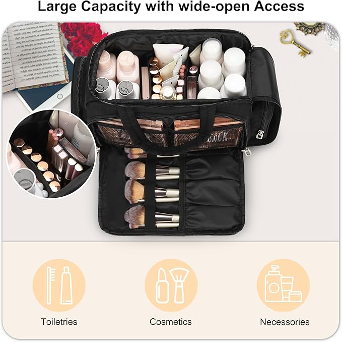 Travel Toiletry Bag for Women, Lightweight Wide-open Toiletries Travel Bag with Handle, Large Cosmetic Organizer with Makeup Brushes Compartment for Essentials for Trip, Camping - Black