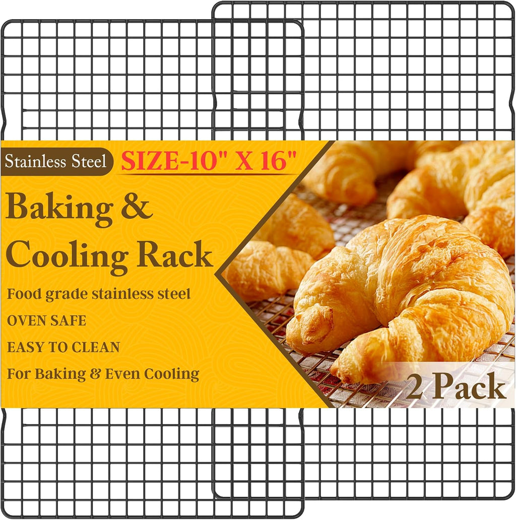 2PCS Cooling Racks for Cooking and Baking - 10" x 16"Heavy Duty Stainless Steel Wire Rack for Baking, Grilling, Roasting - Oven & Dishwasher Safe - Fits Half Sheet Pan（Black）
