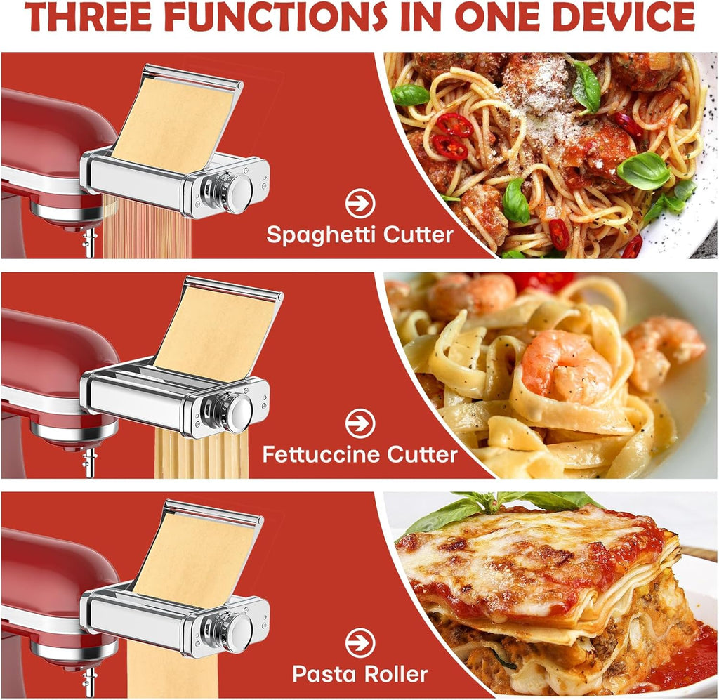 3-in-1 Pasta Attachment for KitchenAid Stand Mixer - Stainless Steel Pasta Maker includes Roller, Spaghetti & Fettuccine Cutters | Professional Pasta Accessories for Homemade Noodles & Italian Cuisine