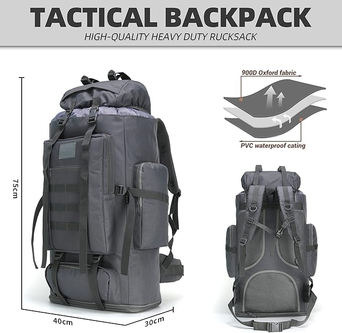 100L Tactical Military Backpack for Men - Waterproof Hiking & Hunting Pack with MOLLE System, Adjustable Suspension, Survival Gear Compartment - Outdoor Camping, Trekking Travel Backpack
