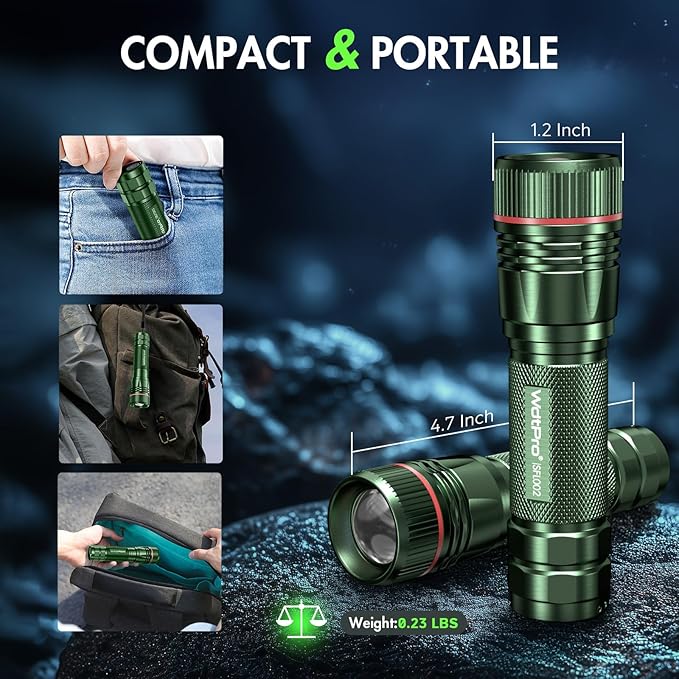 WdtPro Rechargeable Flashlights High Lumens, 2 Pack Super Bright LED Small Tactical EDC Flashlight with 10H Runtime, Portable Flash light for Camping, Home, Emergency Essentials Green Battery Included