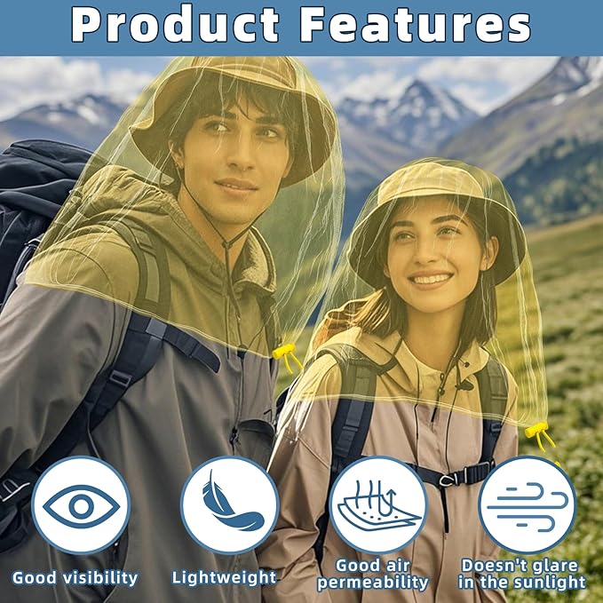 2 Pack Ultra Large Mosquito Net 42x25 Inches Mosquito Head Net Oversized Insect Netting Bug Fits Most Hats for Gardening Hiking Fishing Traveling(Yellow)