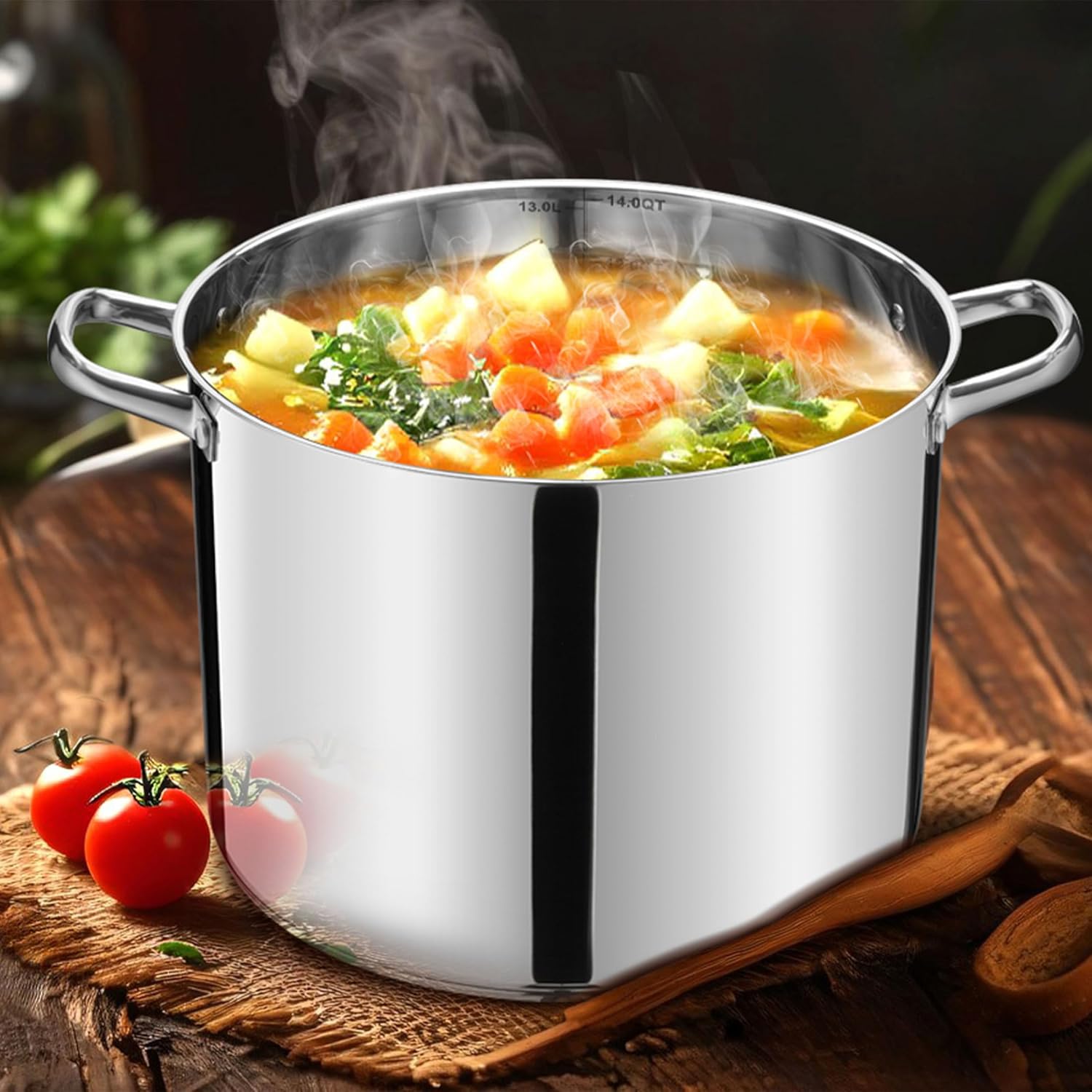 14 QT Stainless Steel Large Stock Pot, LIANYU Heavy Stockpot with Glass Lid, Deep Soup Canning Pot for Stewing Simmering, Tri-ply Base for Induction, Halogen Cooktops, Dishwasher Safe