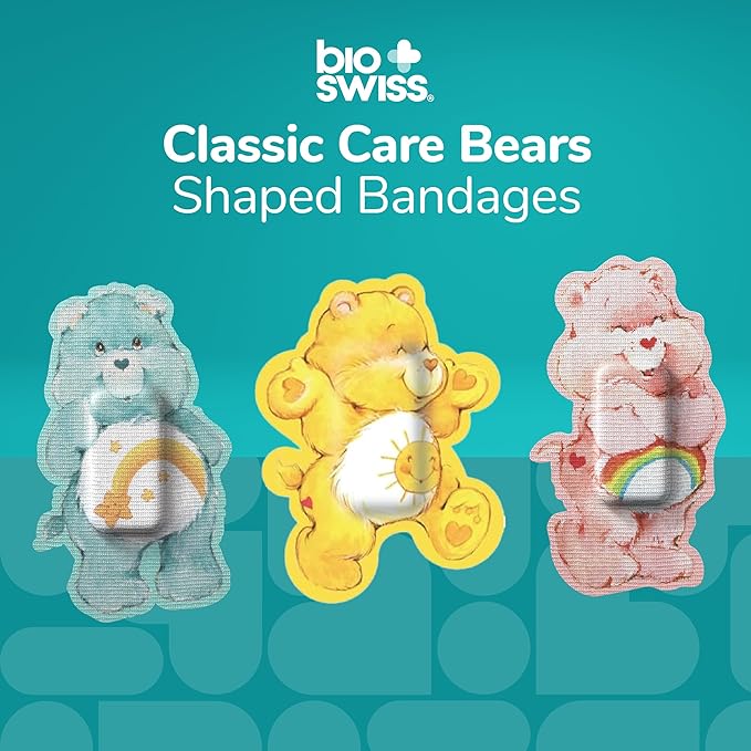 BioSwiss Care Bears Bandages, Classic Care Bear Shaped Self Adhesive Bandage, Latex Free Sterile Wound Care, Fun First Aid Kit Supplies for Kids, 24 Count