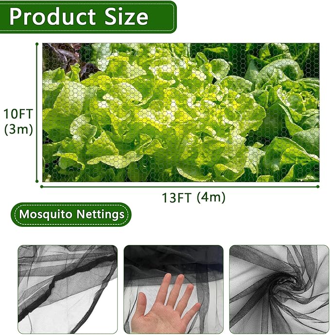 2 Pcs Mosquito Nettings,10 x 13Ft Fly Insect Bird Net Garden Mesh Screen Barrier,Mosquito Mesh Screen for Patio,Balcony,Camping,Umbrella,Protecting Vegetables Fruit Tree Plants(Black)