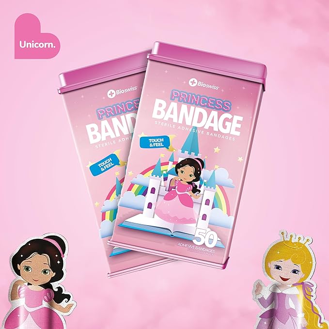 BioSwiss Bandages, Princess Shaped Self Adhesive Bandage, Latex Free Sterile Wound Care, Fun First Aid Kit Supplies for Kids, 50 Count