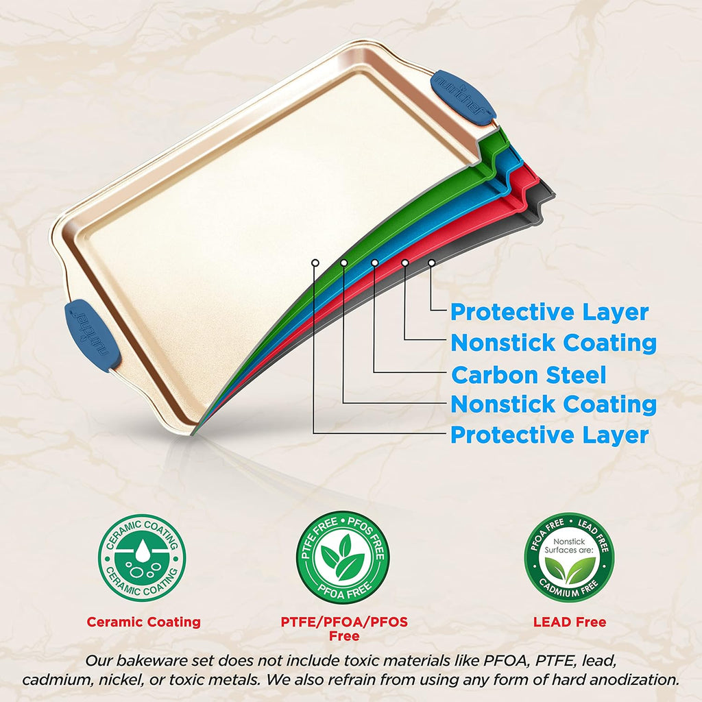 NutriChef 10-Piece Nonstick Bakeware Set - Premium Carbon Steel Baking Trays w/Heatsafe Silicone Handles, Includes Pizza Crisper, Loaf Pan, 12 & 24 Cup Muffin Pans, Round/Square Pans, Cookie Sheets