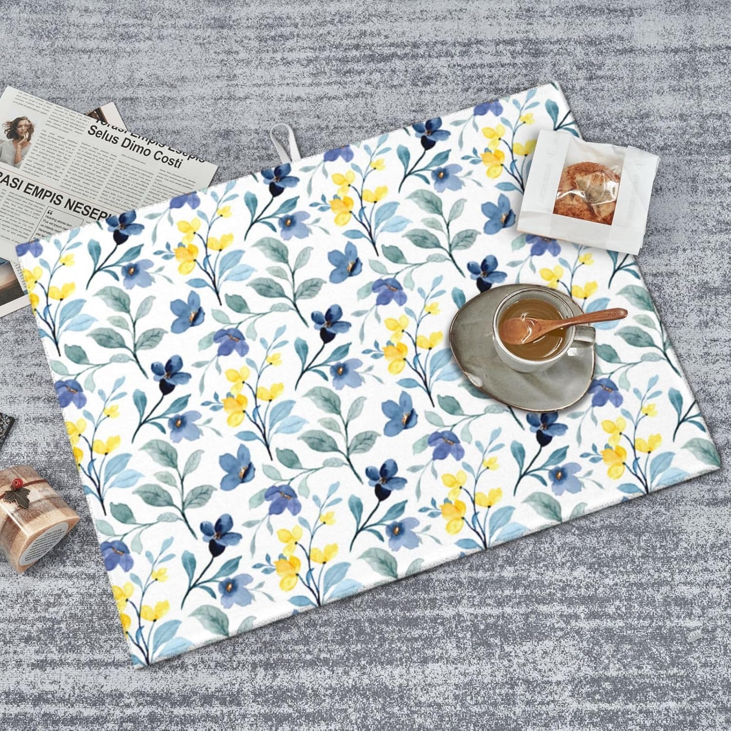 Floral Dish Drying Mat 18x24 for Kitchen Counter, Blue Yellow Flower Decorative Absorbent Coffee Mat Dish Drying Pad Coffee Bar Dish Drainer Rack Mat Drainer Mat