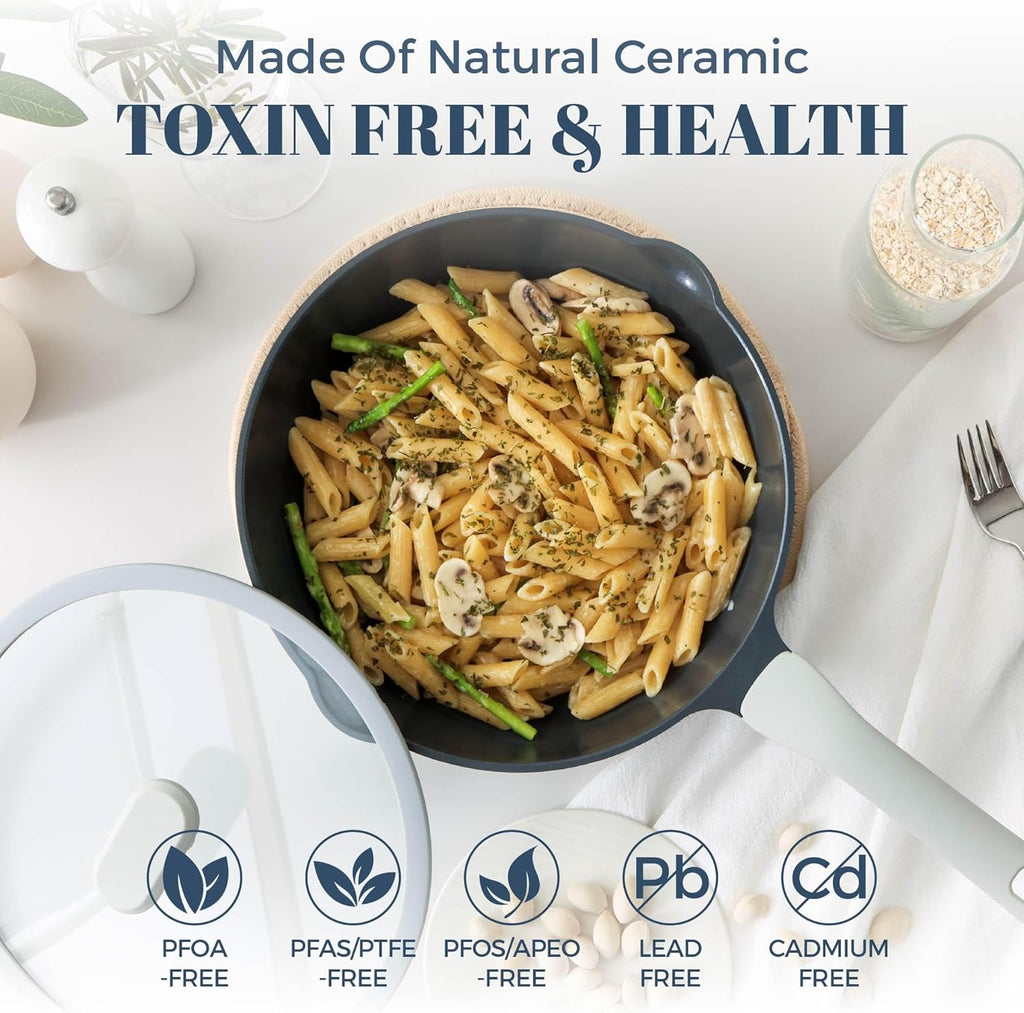 Ceramic Nonstick Deep Saute Pan with Lid, 10/12 Inch Non Toxic Pans with Double Pour Spout, Helper Handle and Lid, Metal Utennsil Safe, Dishwasher Safe, (10 Inch, Gray)