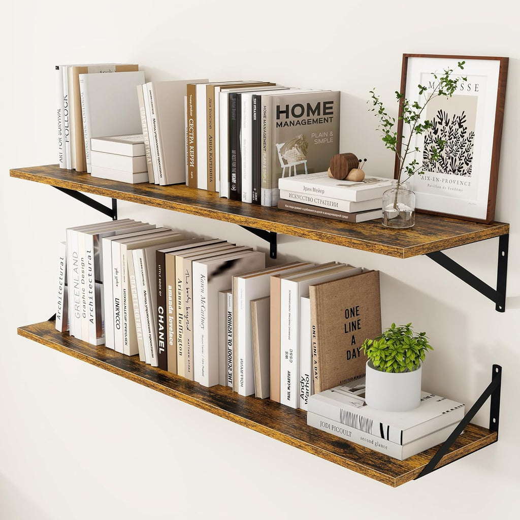 Heimlove Deep Floating Shelves for Wall, 48W x 12D Wood Wall Shelves Set of 2, Wide Floating Bookshelf for Living Room, Kitchen, Office, Bedroom and Decor Storage, with Metal Bracket - Rustic Brown