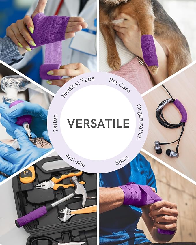 FriCARE Self Adhesive Bandage Wrap, Medical Tape in First Aid Kit, Cohesive Bandages for Wounds Sport Vet, FSA/HSA Eligible, 2 Inches X 5 Yards 6 Rolls, Purple