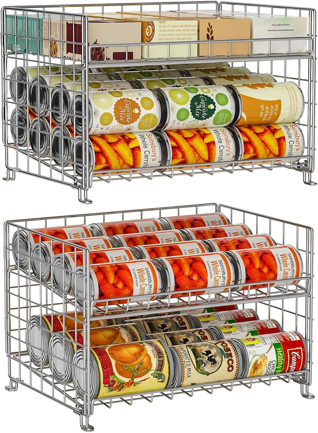 2-Pack Stackable Can Rack Organizer, Can Storage for Kitchen Pantry Cabinet, Can Holders for Food, Multifunctional Can Dispenser for Snacks Soda, Silver