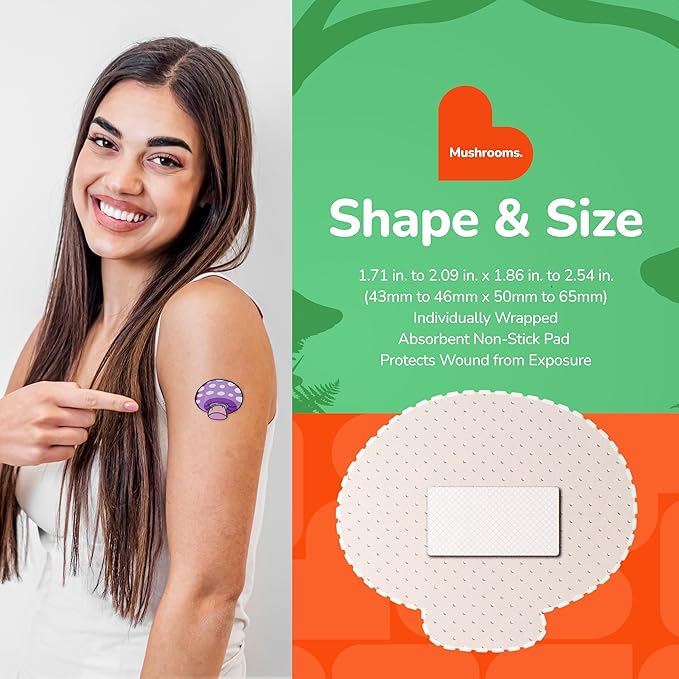 BioSwiss Bandages, Mushroom Shaped Self Adhesive Bandage, Latex Free Sterile Wound Care, Fun First Aid Kit Supplies for Kids and Adults, 50 Count