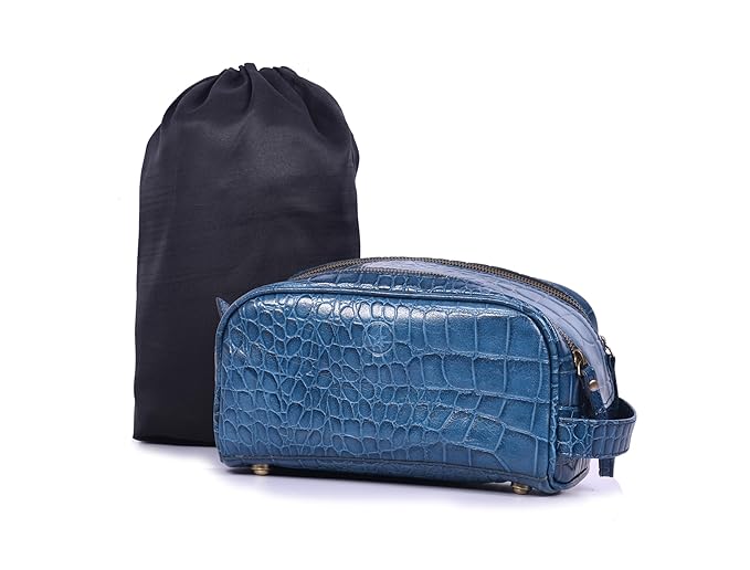 10" Premium Leather Toiletry Travel Pouch With Waterproof Lining | King-Size Handcrafted Vintage Dopp - Kit ~ Gift for Father's Day By Aaron Leather Goods (Egyptian Blue)