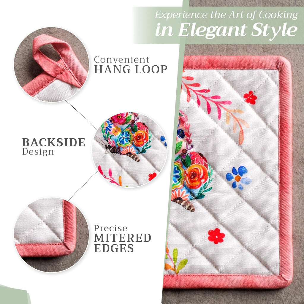 Maison d' Hermine Pot Holders Set 100% Cotton Heat Resistant Potholders 8" x 8" Hot Pads with Loop Cooking, Grilling, Kitchen, Handling Hot Pans Spring/Summer (Pack of 2, Happy Florals - High Summer)