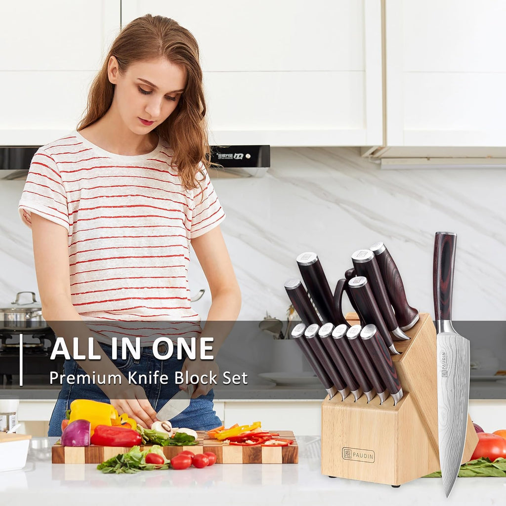 PAUDIN Kitchen Knife Set with Block, 14 Pieces Knife Sets for Kitchen with Block, High Carbon German Stainless Steel Sharp Chef Knife Set with Ergonomic Pakkawood Handle