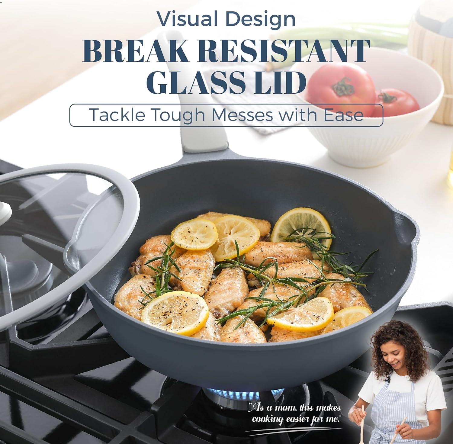 Ceramic Nonstick Deep Saute Pan with Lid, 10/12 Inch Non Toxic Pans with Double Pour Spout, Helper Handle and Lid, Metal Utennsil Safe, Dishwasher Safe, (10 Inch, Gray)