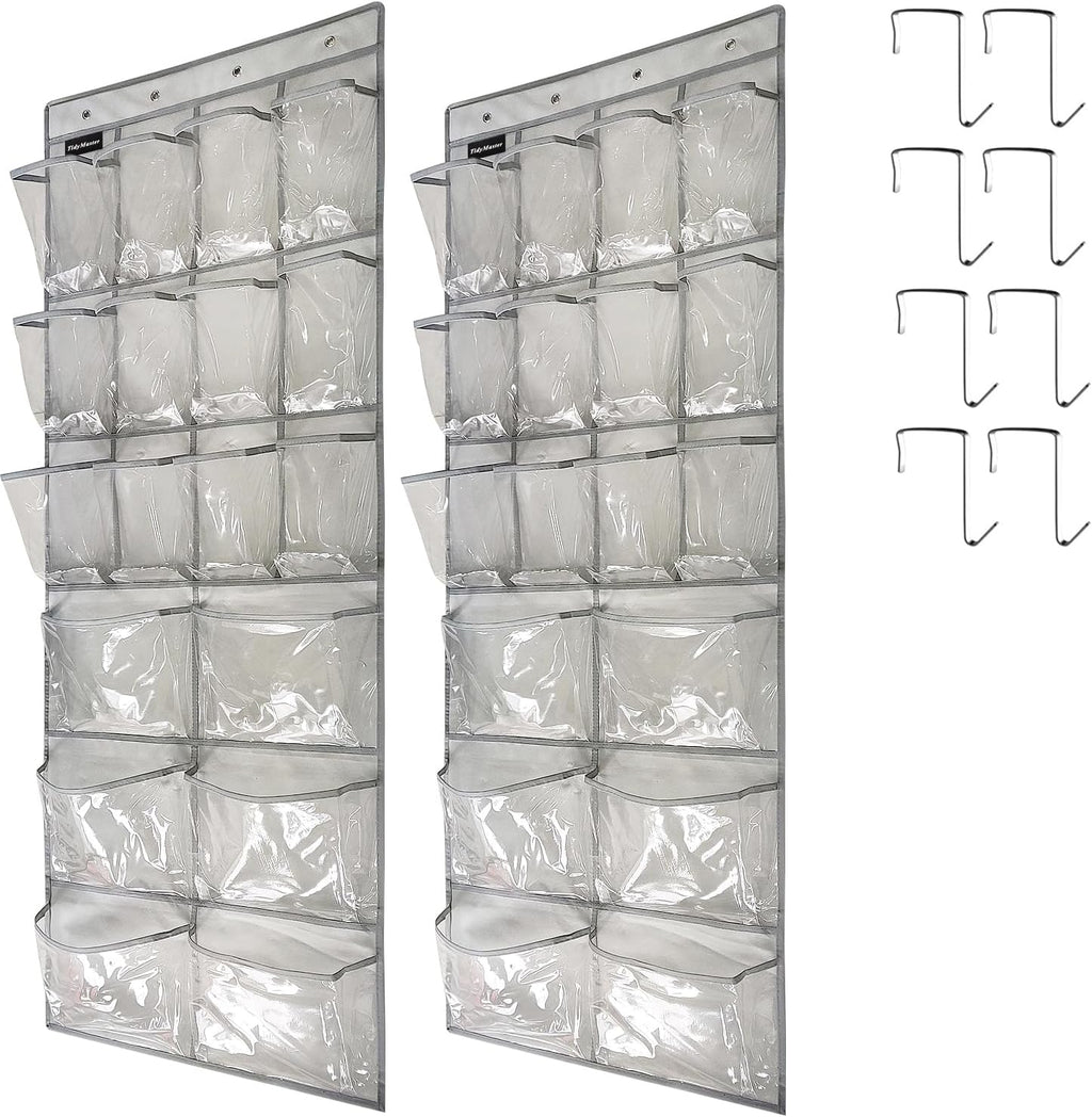 2 Pack Extra Large Hanging Crystal Clear Over Door Shoe Organizers, Closet Shoe Rack Organizer, 12+6 Pockets, 8 Hooks, Grey (59" x 21.6")