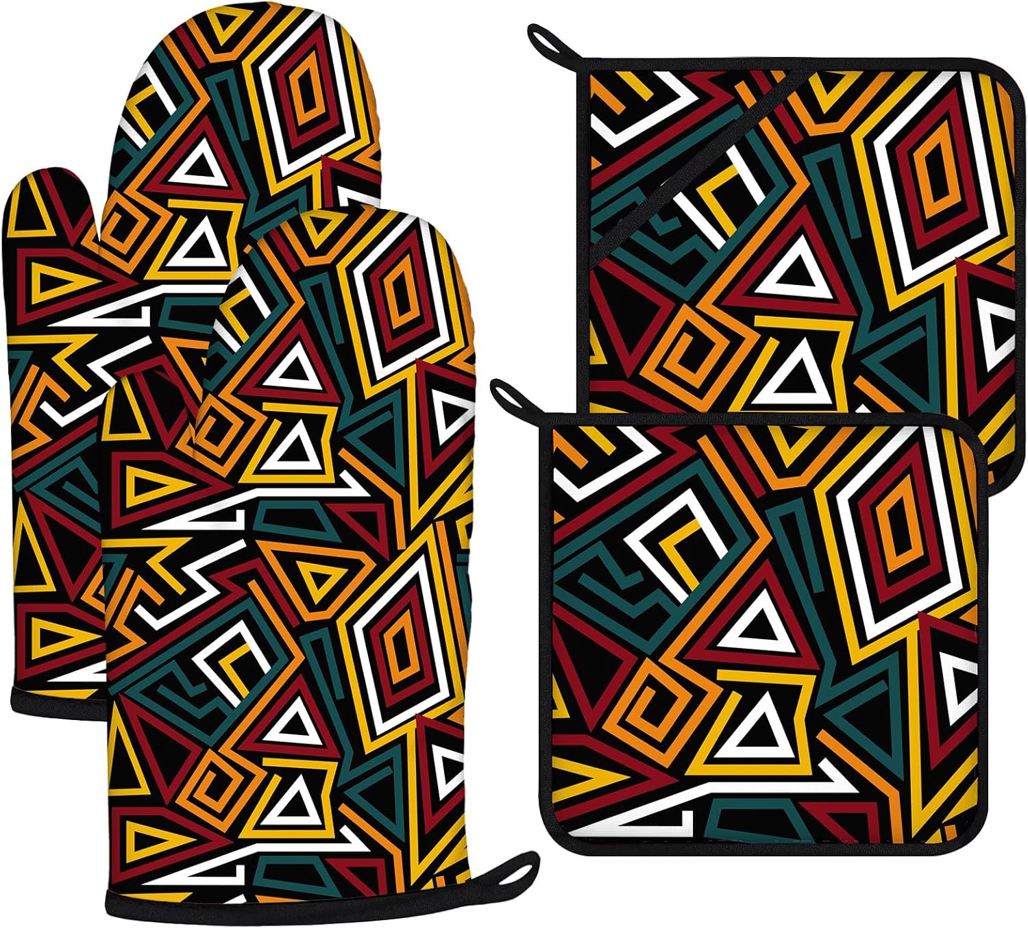 African Geometric Oven Mitts and Pot Holders Sets 4Pcs,Extra Long Oven Gloves Potholder for Kitchen Cooking Baking BBQ 100% Cotton Heat Resistant