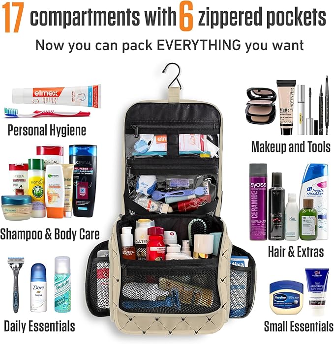 VENTURE 4TH Hanging Travel Toiletry Bag for Women & Men - Travel Organizer with Expandable Compartments & Removable Clear Pouch for Toiletries (Beige Diamonds)