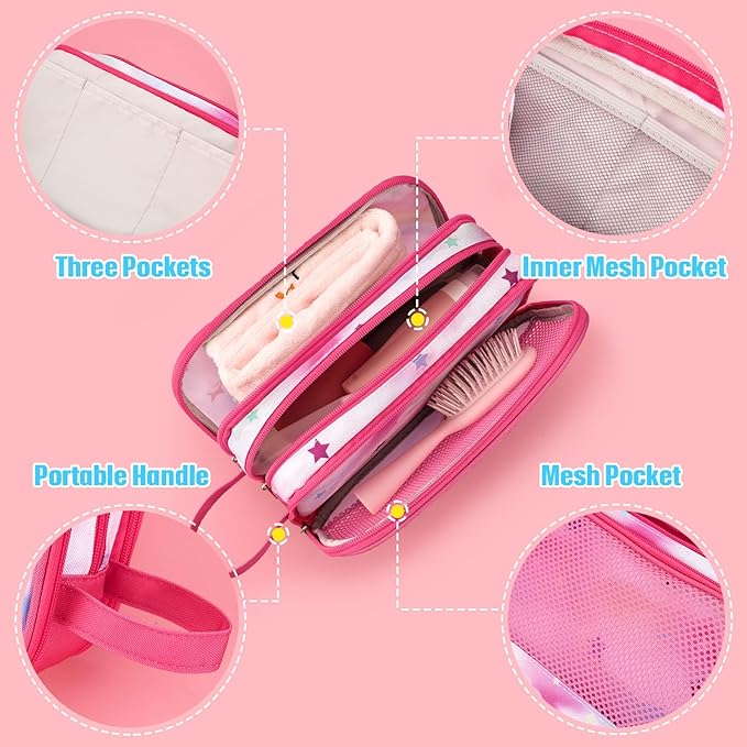 WAWSAM Toiletry Bag for Girls - Kids Toiletry Bag Christmas Birthday Gift Camping Travel Toiletry Case Toiletries Makeup Cosmetic Pouch Pink Water-resistant Wash Bag Dopp Kit with Mesh Pocket