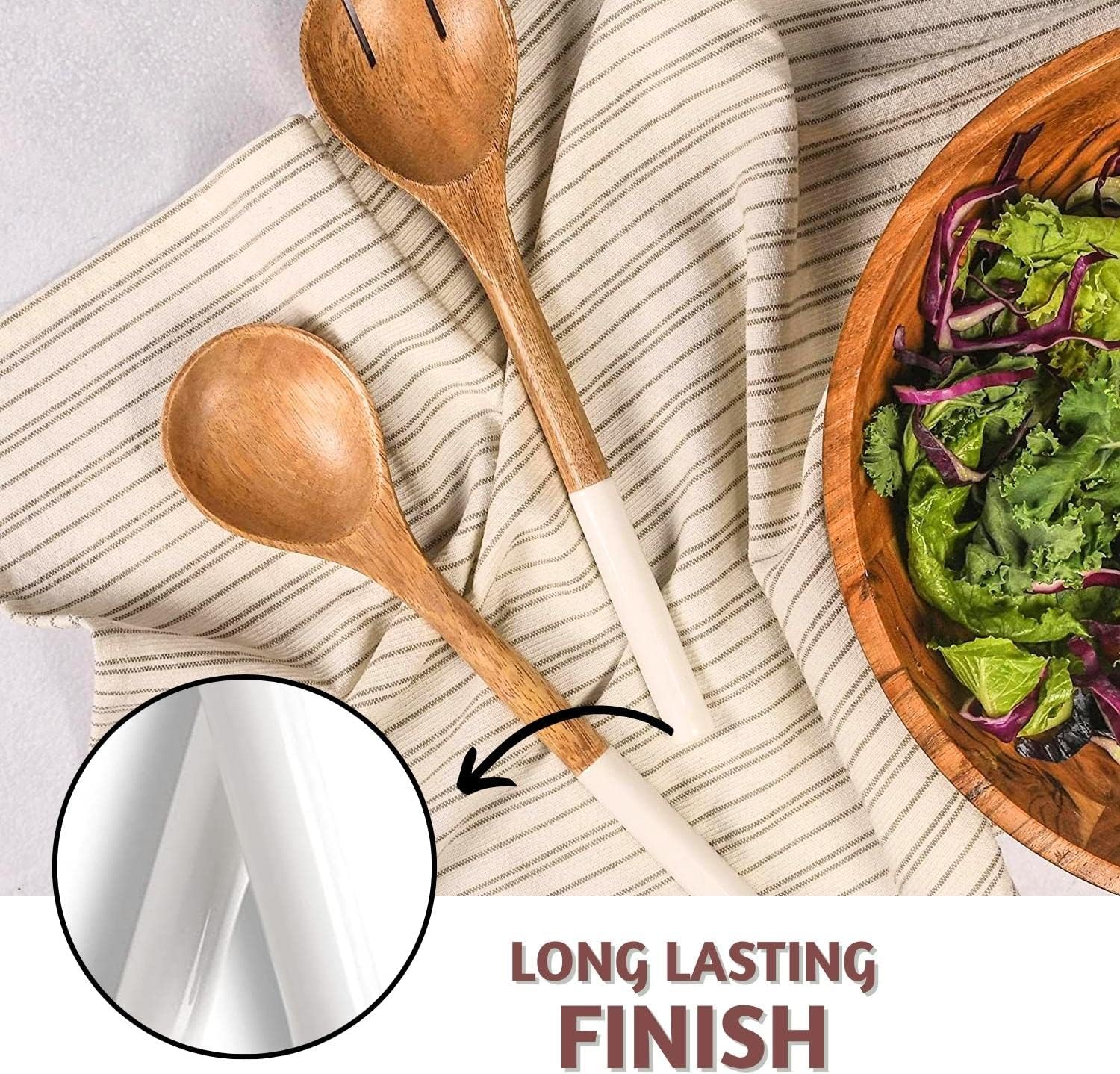 Folkulture Salad Servers or Salad Tongs, Wooden Utensils for Serving Salad, 12-inch Spoon and Fork Set, Mango Wood, White
