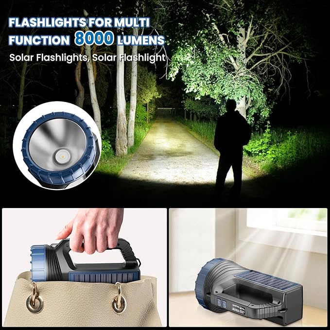 Solar Flashlights, Solar Flashlight for Multi Function 8000 Lumens Led Flashlight with Emergency Strobe Light Emergencies, Led High Lumens, USB C and Large Capacity Battery Fast Charging