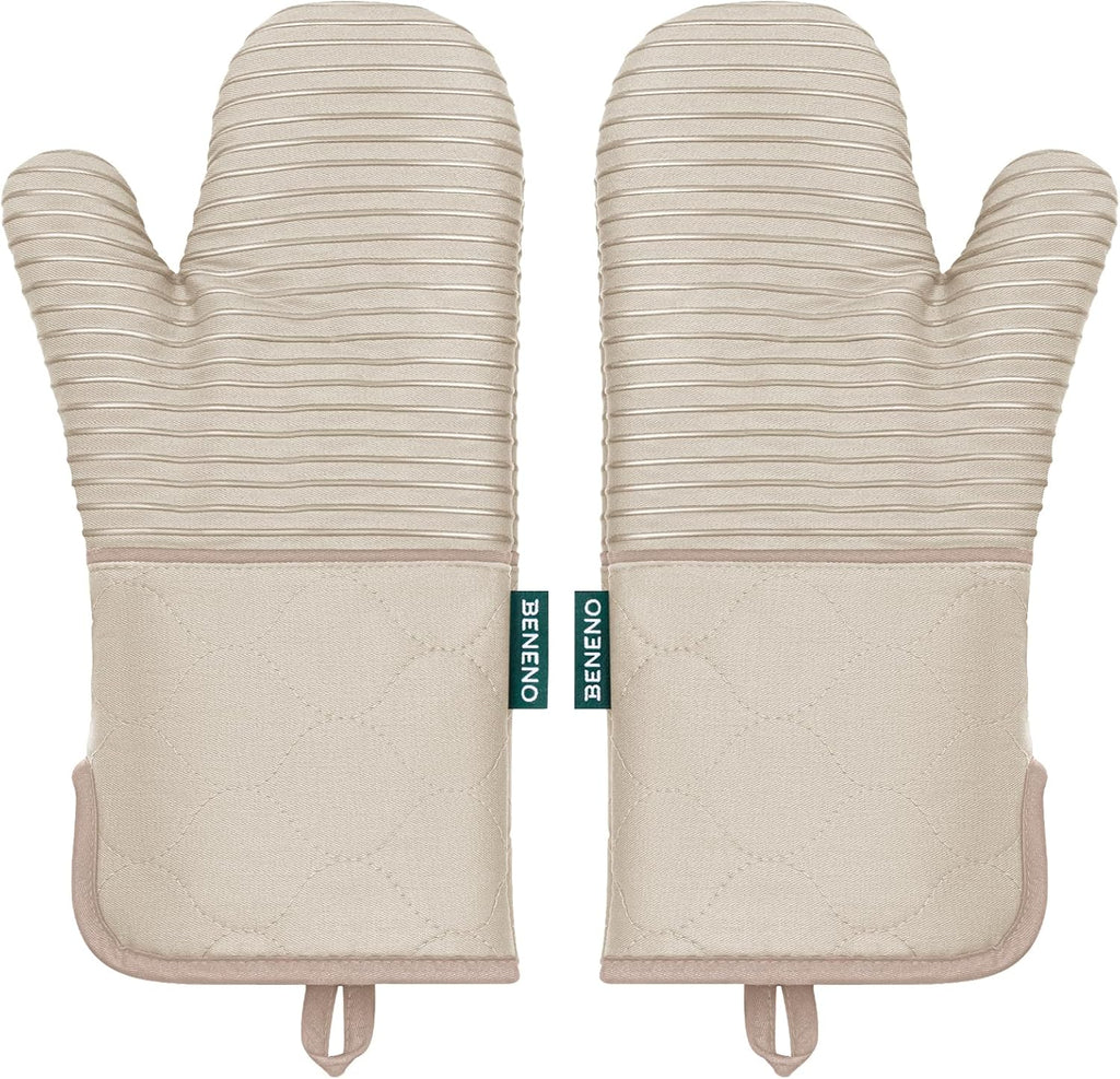 Beneno Kitchen Oven Mitts 2-Pack Heat Resistant to 500°F with Non-Slip Silicone Grip, Extra Long 14.3" Forearm Protection, Soft Quilted Cotton Terry Lining, Ideal for Cooking, Baking, Grilling, Beige