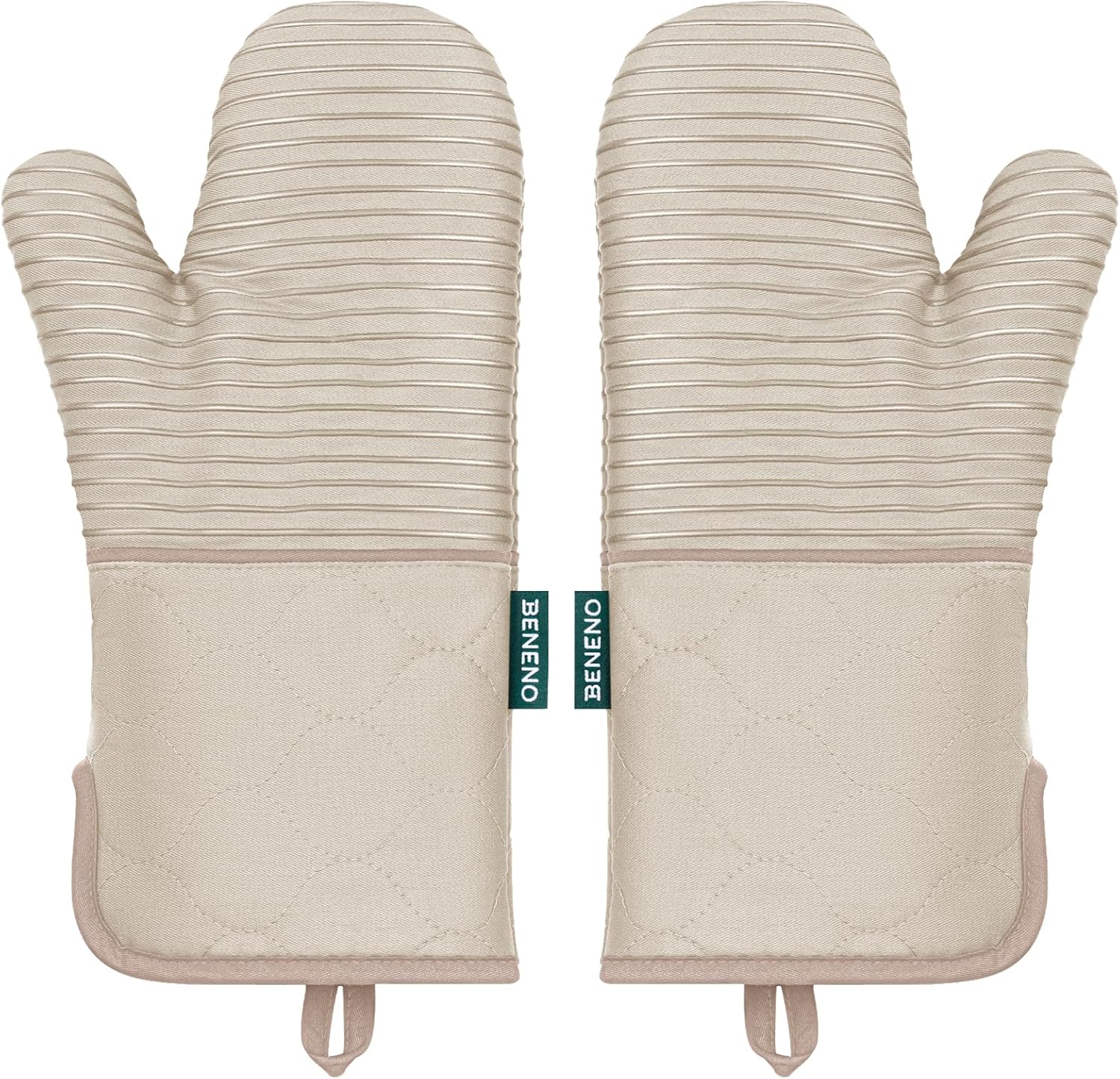 Beneno Kitchen Oven Mitts 2-Pack Heat Resistant to 500°F with Non-Slip Silicone Grip, Extra Long 14.3" Forearm Protection, Soft Quilted Cotton Terry Lining, Ideal for Cooking, Baking, Grilling, Beige