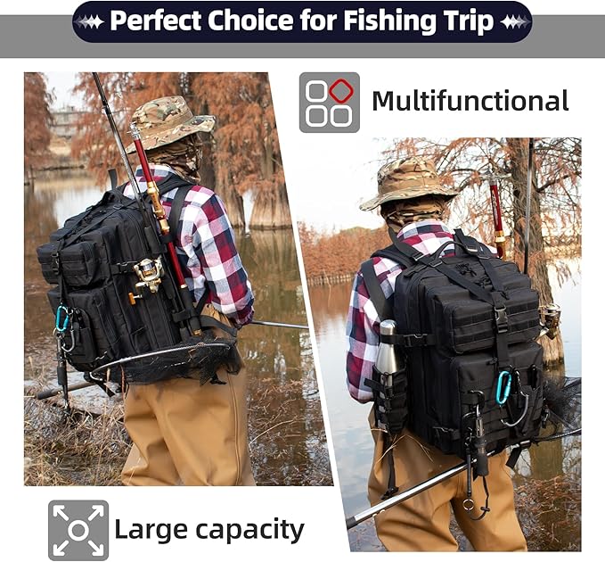 45l Large Fishing Tackle Backpack with Removable Plier Holder & Rod Holders, Black Tactical Bag, Fishing Gear and Tackle Box Organizer, Hiking Rucksack without Tackle Box