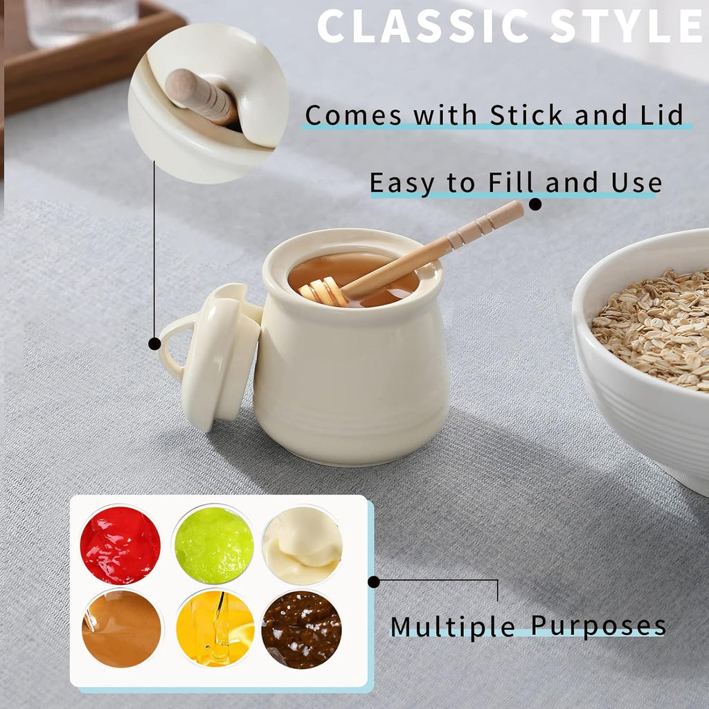 HAOTOP Ceramic Honey pot with Lid and Honey Dipper,Porcelain Honey Jar Easy to Clean and Dishwasher Safe,12oz (Beige)