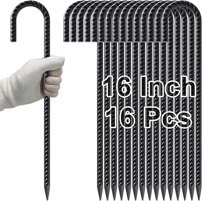 VVOKGO Rebar Stakes 16 Pack 16 Inches Black Steel J Hook Ground Stakes for Fixing Camping Tents, Fences, Swings, Football Nets, Inflatable Decorations