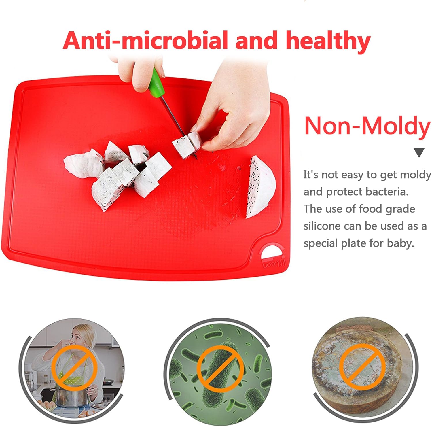 Thick Silicone Cutting Board 12.6'' x 9.1'' Juice Grooves Easy Grip Handle Dishwasher Safe-Red