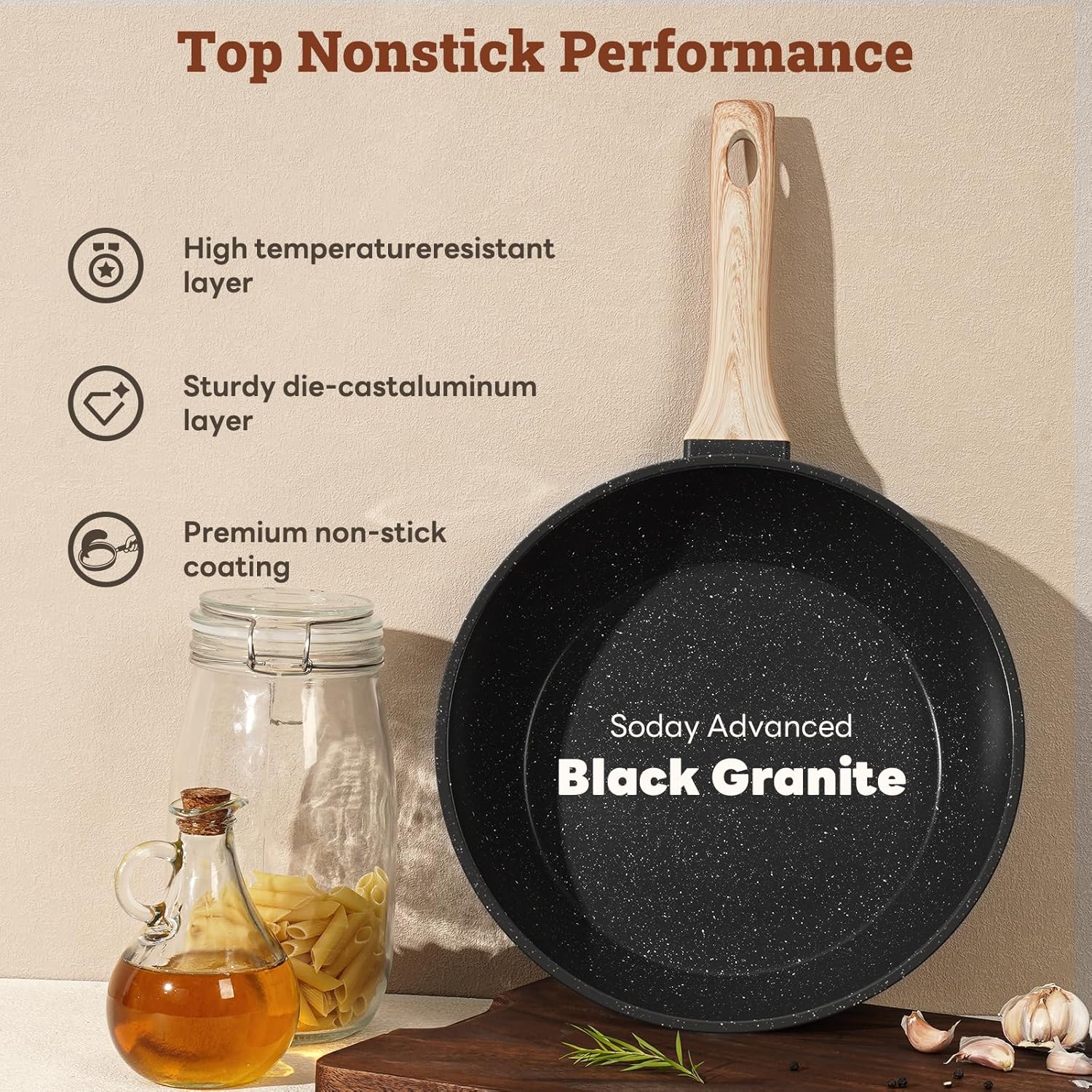 17 Pcs Pots and Pans Set Non Stick Kitchen Cookware Sets Nonstick Induction Cookware Non-toxic Black Granite Cooking Tools with Stay-Cool Handles, Pot Protectors (PFOS/PFOA Free)