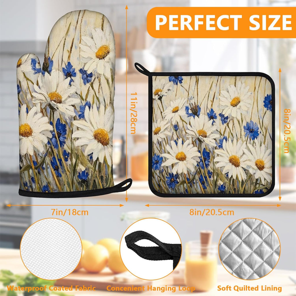 Daisy Flowers Oven Mitts and Pot Holders Sets 4Pcs,Extra Long Oven Gloves Potholder for Kitchen Cooking Baking BBQ 100% Cotton Heat Resistant