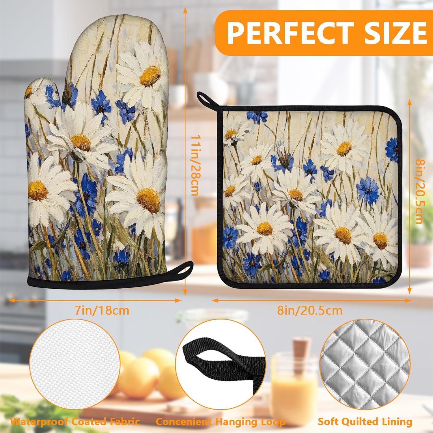 Daisy Flowers Oven Mitts and Pot Holders Sets 4Pcs,Extra Long Oven Gloves Potholder for Kitchen Cooking Baking BBQ 100% Cotton Heat Resistant