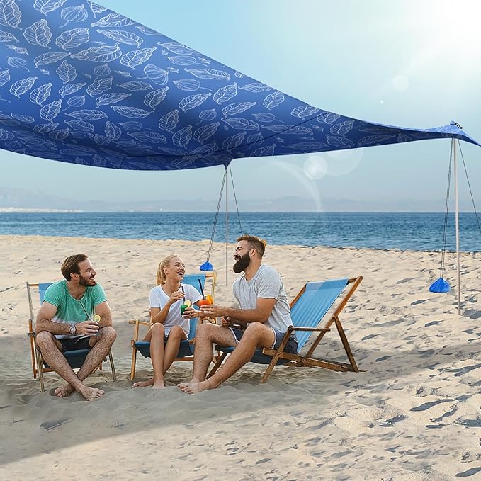 UMARDOO Family Beach Tent Canopy Sun Shade Portable, Large Compact Beach Sun Shelter Easy Setup with Packable Bag for Outdoor Travel (Printed Blue, 10X10 FT. 4Poles)