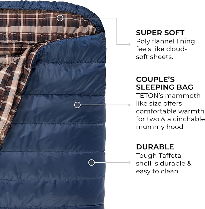 Teton Mammoth Queen Size Double Sleeping Bag- A Warm Bag The Whole Family can Enjoy – Great for Camping, Hunting and Base Camp. Compression Sack Included