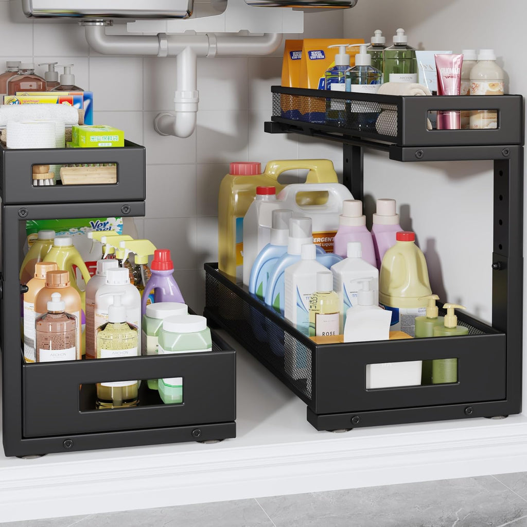 2 Pack 19IN Depth Under Sink Storage Organizer, Large 2-Tier Elegant Mesh Pull Out Shelf for Kitchen and Bathroom Cabinet Organization, L-Shaped and Adjustable Height Design-Black