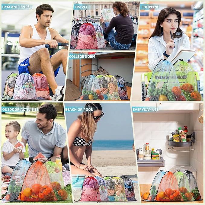 Mesh Drawstring Bags 60pcs Multicolor Nylon Mesh Laundry Bags Gym Travel Beach Storage Bags