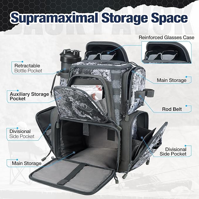 Piscifun Fishing Tackle Backpack with 4 Trays, Large Outdoor Storage Tackle Bag with Protective Rain Cover for Fishing Gear
