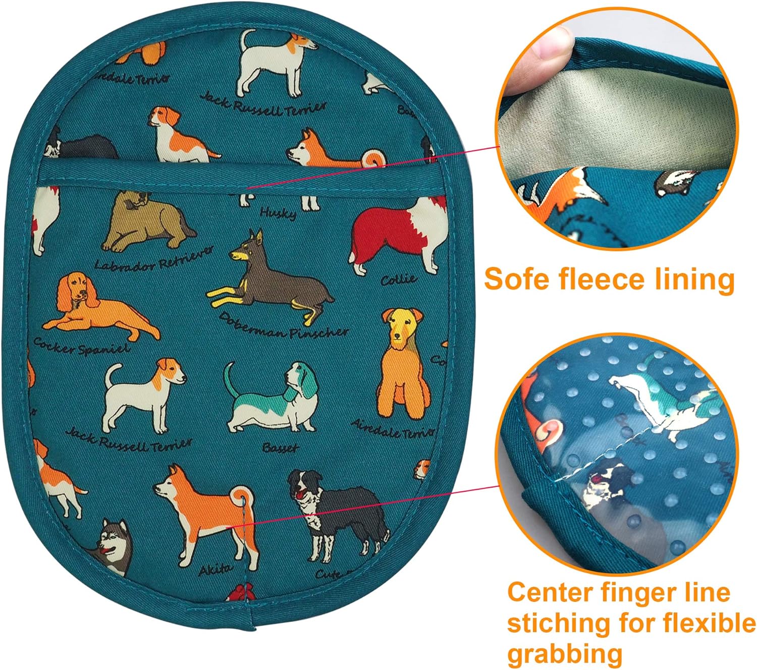 Pot Holders Set of 2 with Transparent Clear Silicone Shell and Nice Dog Flower Cotton Lining, Heat Resistant to 500 F Kitchen Oven Gloves Pot Holder for Cooking (Blue Dog, Potholders)