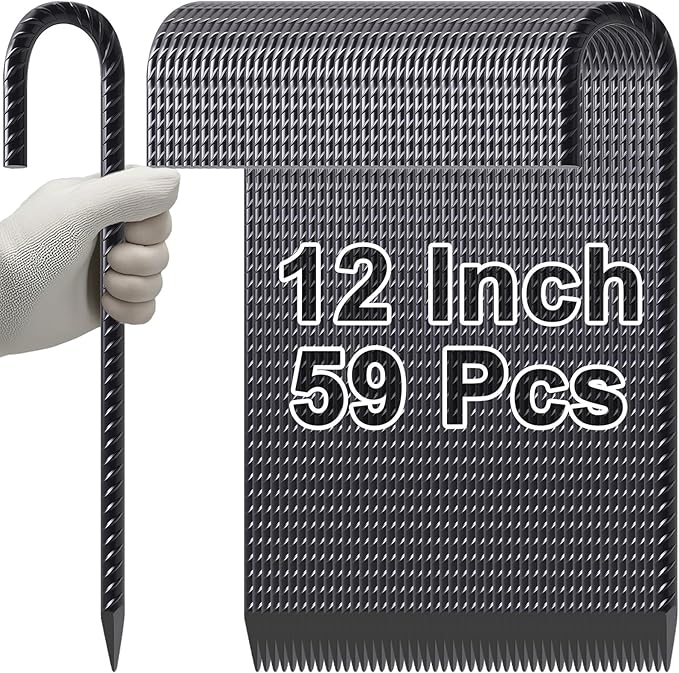 VVOKGO Rebar Stakes 12 Inch Heavy Duty J Hook 59 Pack, Galvanized Garden Tent Ground Stakes Steel Point End,Chain Link Fence Stakes for Dogs Digging Wire Fencing,Trampoline Stakes with Chisel,Black