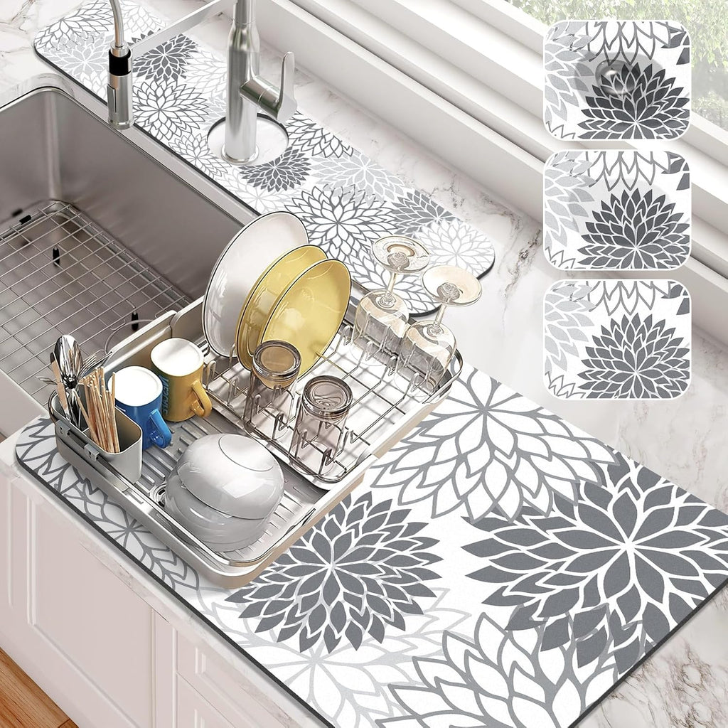 Findosom 2PCS 16" x 24" Dish Drying Mat & 24" x 5.5" Sink Splash Guard, Super Absorbent & Cuttable Dish Mat Drying Kitchen Mat with Gray Floral, Hide Stain Drying Mat for Kitchen Counter