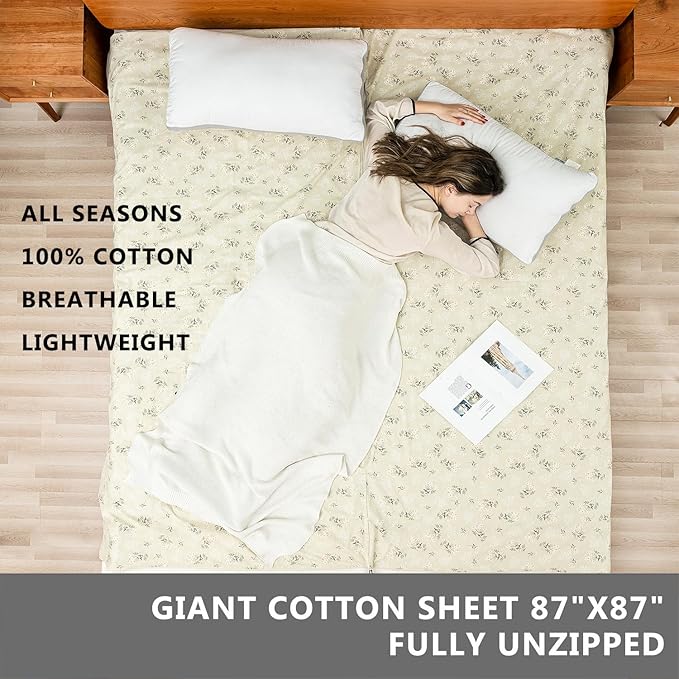 100% Cotton Sleeping Bag Liner with Full Length Zipper on 3 Sides; Single/Double Adult Sleep Sack for Travel & Camping, Multifunctional Travel Sheets (Unzipped 87”x87”) for Hotel, Lightweight
