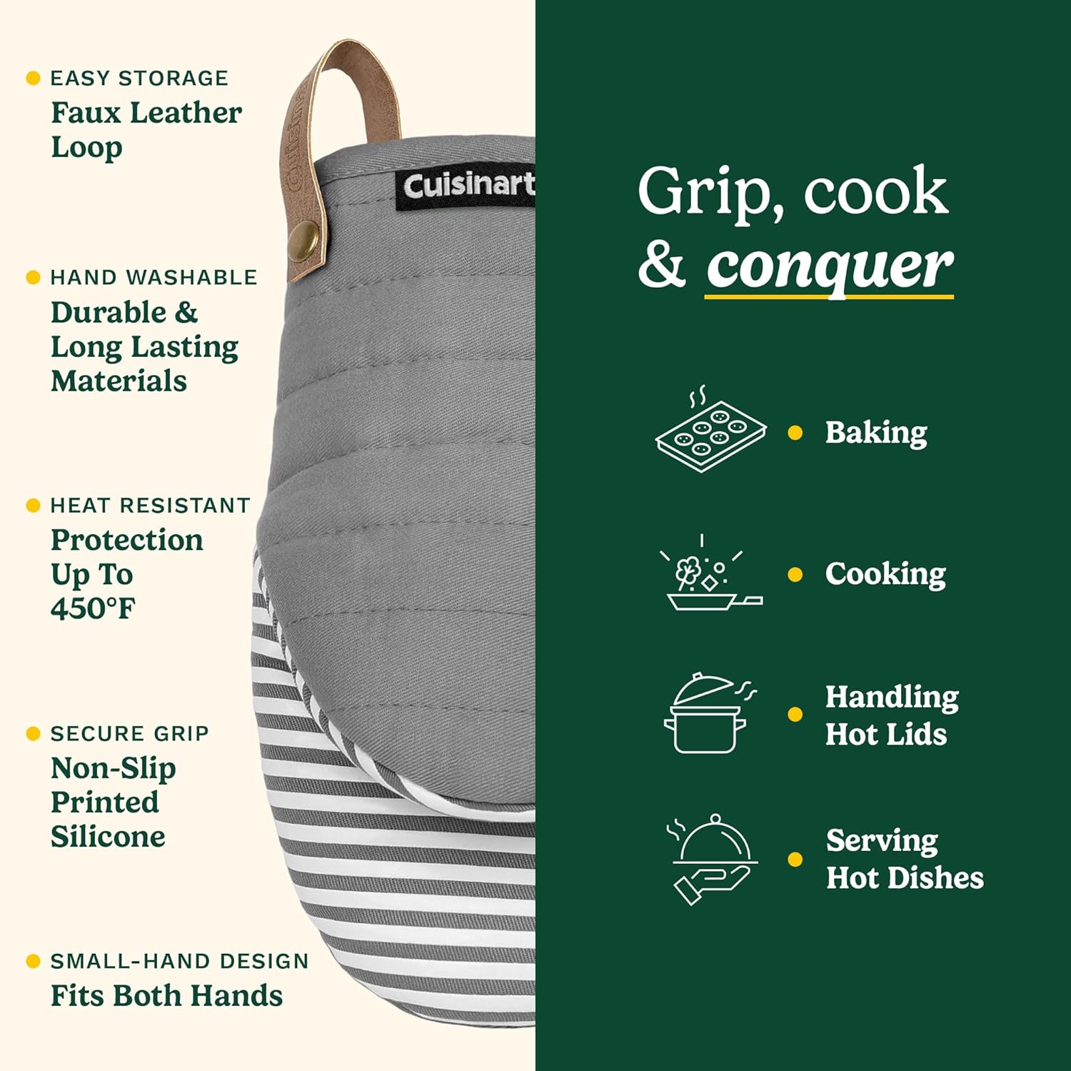 Cuisinart Mini Oven Mitts – 5.5” x 8” Heat-Resistant Kitchen Mitts for Oven with Non-Slip Printed Silicone, Cotton Filling, and Faux Leather Loop – Durable Oven Mitt Set for Cooking & Baking (Horizon)